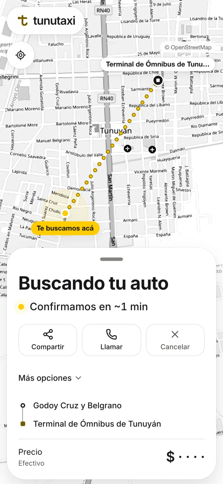 La app buscando tu auto, con la ruta hasta el destino y el tiempo para confirmarlo