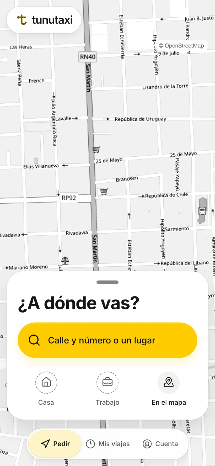 La app abierta: el mapa de Tunuyán con tu ubicación y la pregunta ¿A dónde vas?