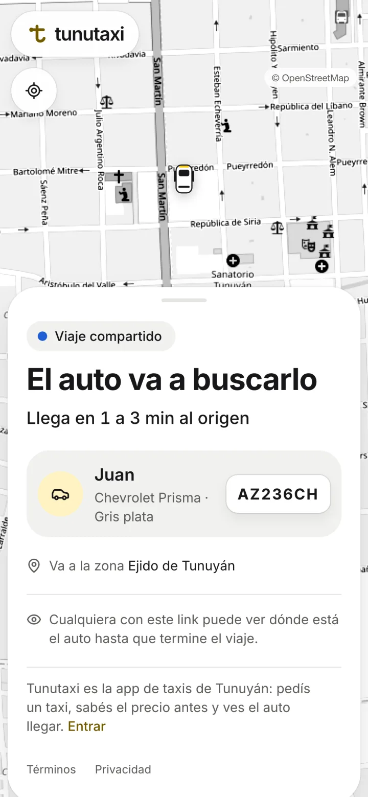 El viaje compartido, como lo ve quien recibe el link: el auto en el mapa y cuándo llega